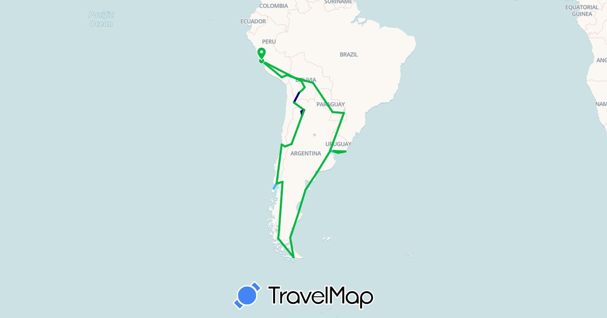 TravelMap itinerary: driving, bus, boat in Argentina, Bolivia, Chile, Peru, Paraguay, Uruguay (South America)